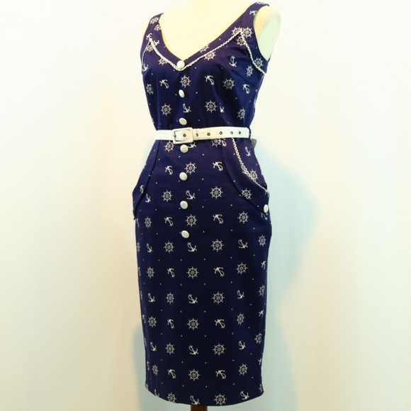 Voodoo Vixen Nautical Printed Belted Pin Up Dress - Picture 2 of 8